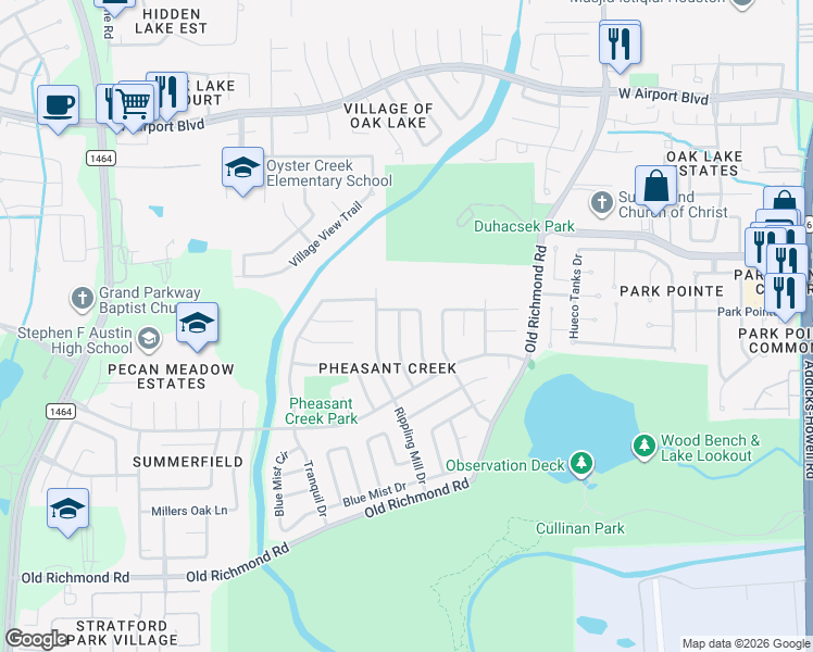 map of restaurants, bars, coffee shops, grocery stores, and more near 16726 Cobble Ridge Drive in Sugar Land
