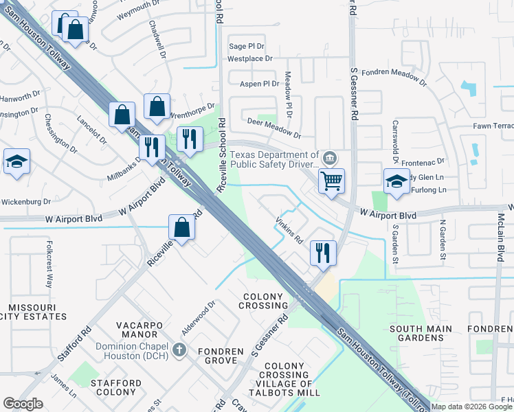 map of restaurants, bars, coffee shops, grocery stores, and more near 8767 Vinkins Road in Houston