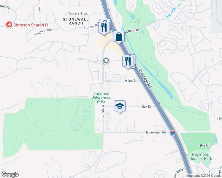 map of restaurants, bars, coffee shops, grocery stores, and more near 21630 Milsa Drive in San Antonio