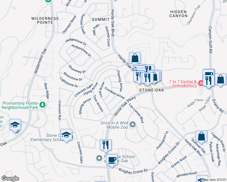 map of restaurants, bars, coffee shops, grocery stores, and more near 25031 Burnt Arrow in San Antonio