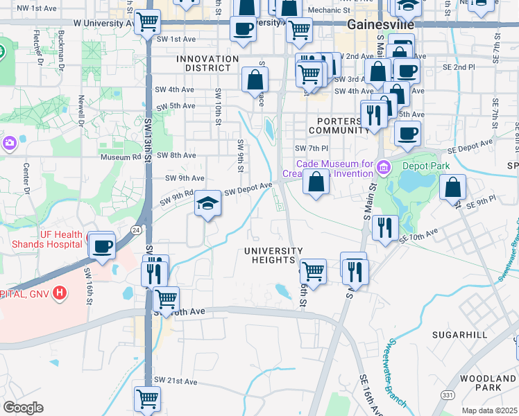 map of restaurants, bars, coffee shops, grocery stores, and more near 1030 Southwest 6th Drive in Gainesville