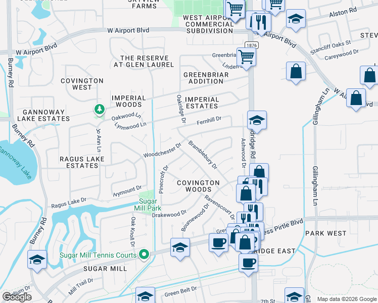 map of restaurants, bars, coffee shops, grocery stores, and more near 1326 Barrowgate Drive in Sugar Land