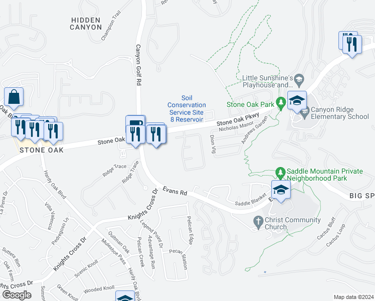 map of restaurants, bars, coffee shops, grocery stores, and more near 1106 Calico Spring in San Antonio