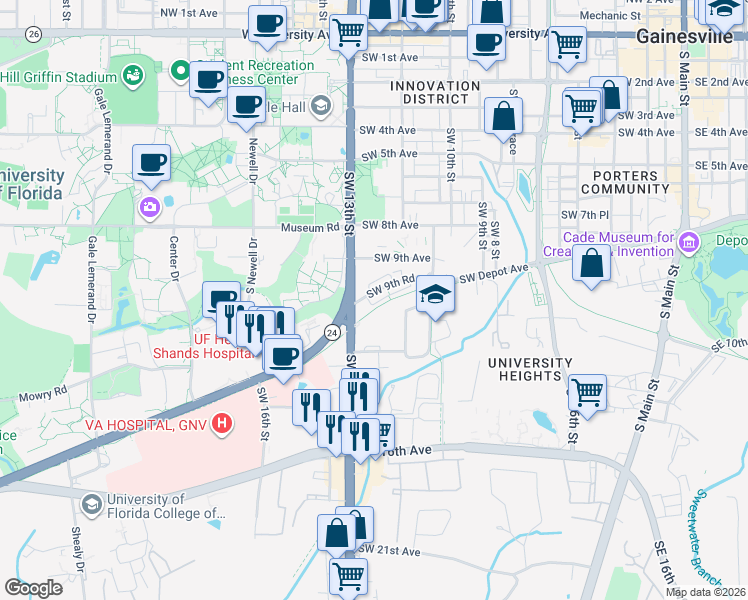 map of restaurants, bars, coffee shops, grocery stores, and more near 1210 Southwest 11th Avenue in Gainesville