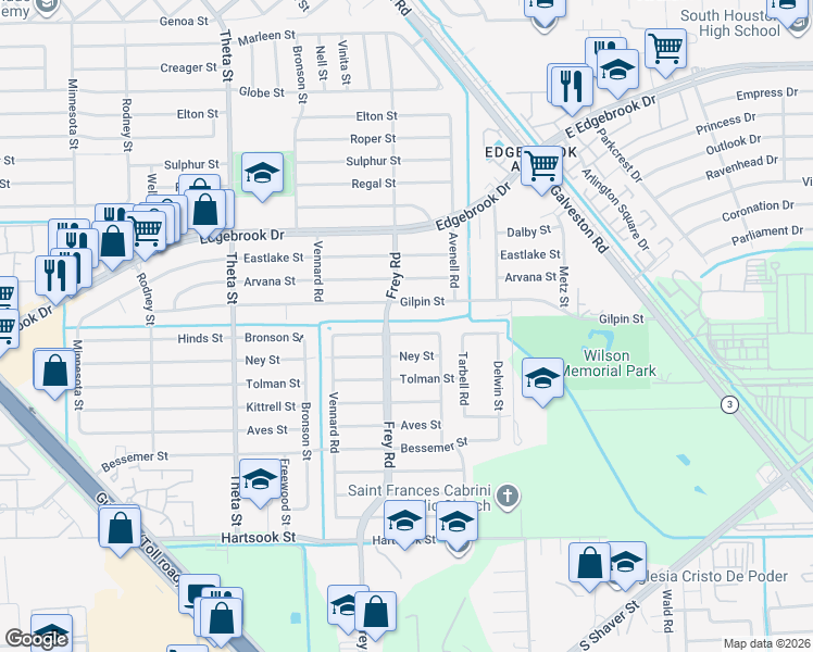 map of restaurants, bars, coffee shops, grocery stores, and more near 10518 Hinds Street in Houston