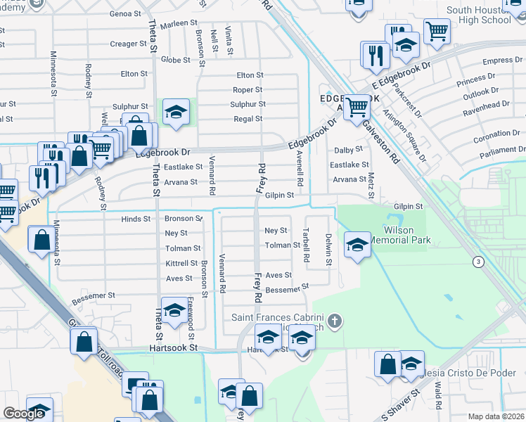 map of restaurants, bars, coffee shops, grocery stores, and more near 10518 Hinds Street in Houston