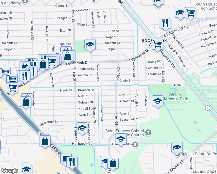 map of restaurants, bars, coffee shops, grocery stores, and more near 10430 Hinds Street in Houston