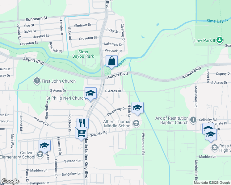 map of restaurants, bars, coffee shops, grocery stores, and more near 10902 Faircroft Drive in Houston