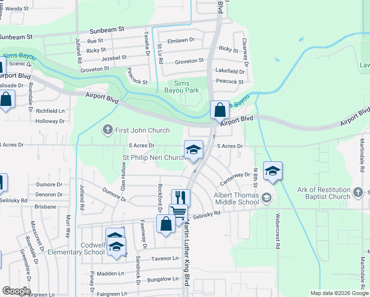 map of restaurants, bars, coffee shops, grocery stores, and more near 5414 South Acres Drive in Houston
