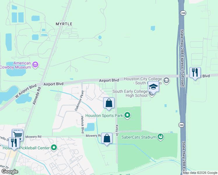 map of restaurants, bars, coffee shops, grocery stores, and more near 9488 Kirby Drive in Houston