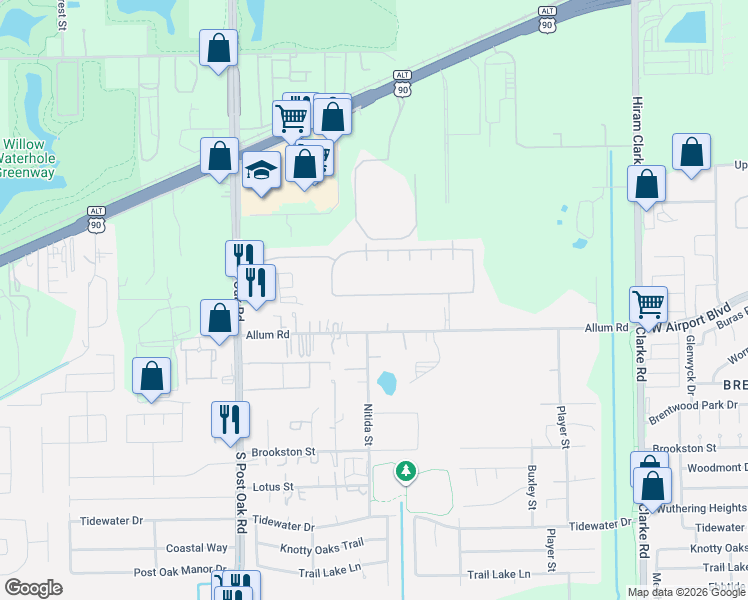 map of restaurants, bars, coffee shops, grocery stores, and more near 5108 Allum Road in Houston