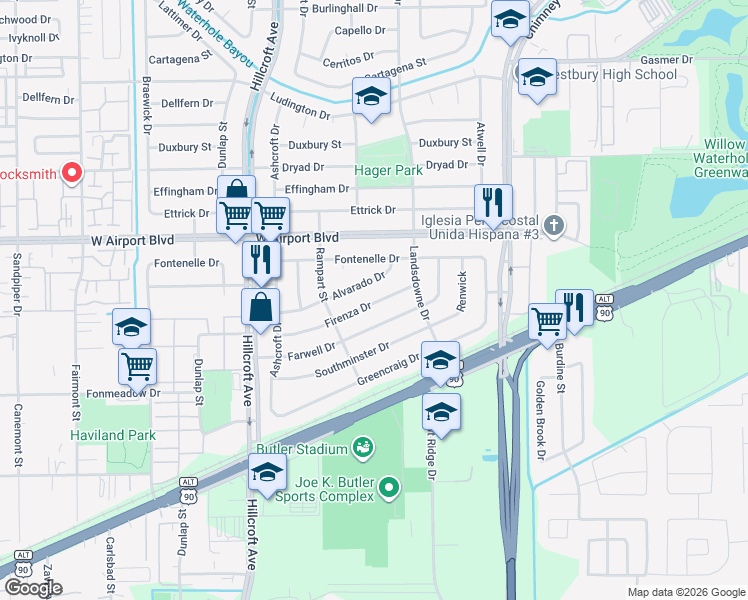 map of restaurants, bars, coffee shops, grocery stores, and more near 5747 Firenza Drive in Houston