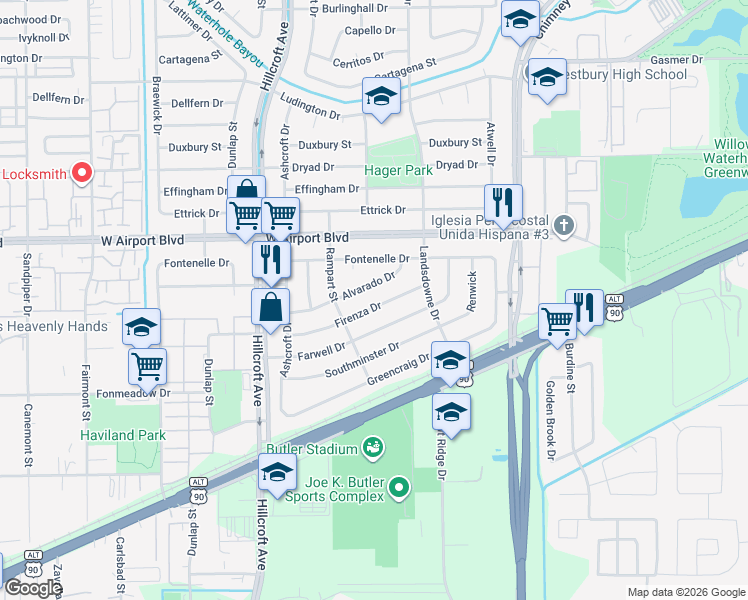 map of restaurants, bars, coffee shops, grocery stores, and more near 5747 Firenza Drive in Houston
