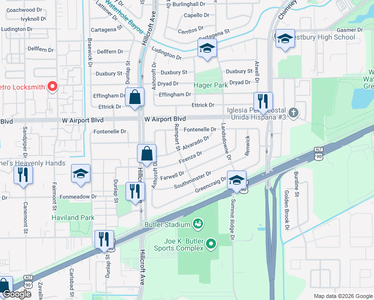 map of restaurants, bars, coffee shops, grocery stores, and more near 5802 Firenza Drive in Houston