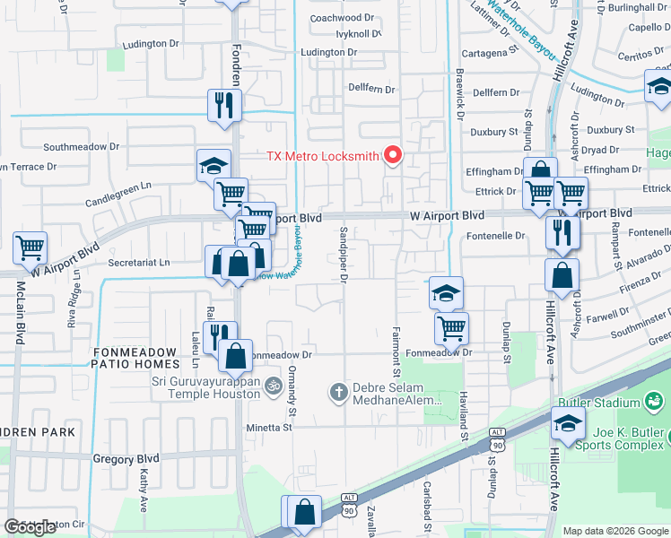 map of restaurants, bars, coffee shops, grocery stores, and more near 12500 Sandpiper Drive in Houston