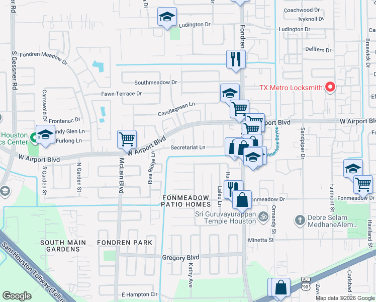 map of restaurants, bars, coffee shops, grocery stores, and more near 7802 Poitiers Drive in Houston