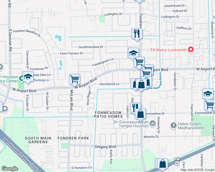 map of restaurants, bars, coffee shops, grocery stores, and more near 7834 Poitiers Drive in Houston