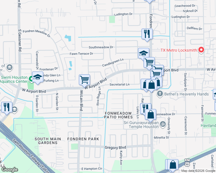 map of restaurants, bars, coffee shops, grocery stores, and more near 7834 Poitiers Drive in Houston