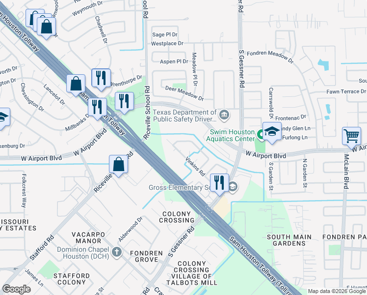 map of restaurants, bars, coffee shops, grocery stores, and more near 8767 Vinkins Road in Houston