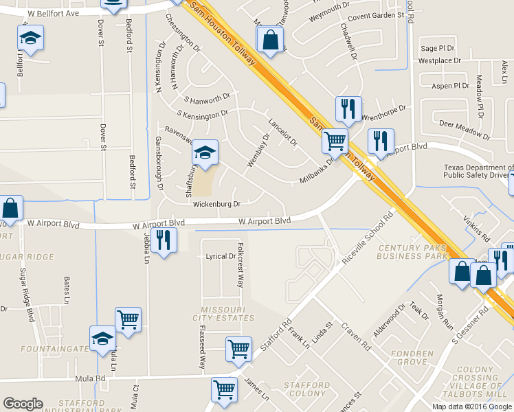 map of restaurants, bars, coffee shops, grocery stores, and more near 12410 Caren Court in Houston