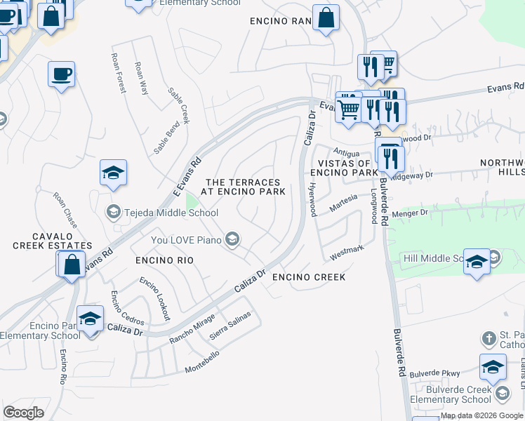 map of restaurants, bars, coffee shops, grocery stores, and more near 12715 Falcon Ledge in San Antonio