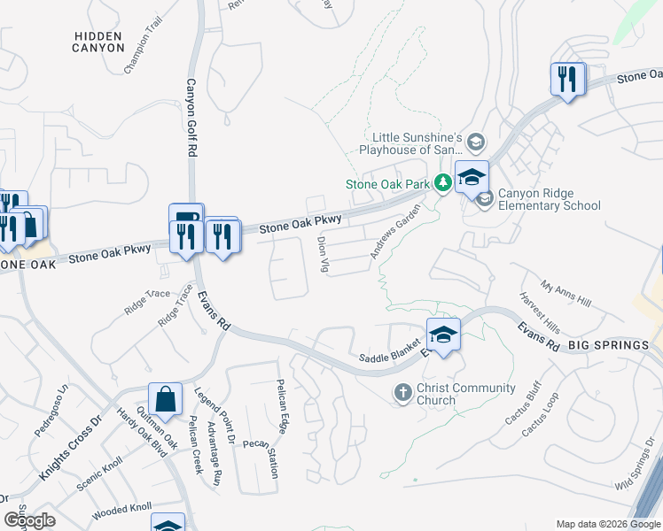 map of restaurants, bars, coffee shops, grocery stores, and more near 21502 Pearl Spring in San Antonio