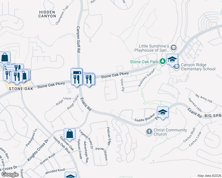 map of restaurants, bars, coffee shops, grocery stores, and more near 1110 Branch Spring in San Antonio