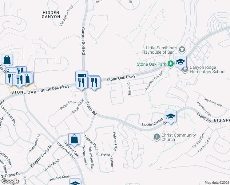 map of restaurants, bars, coffee shops, grocery stores, and more near 1110 Branch Spring in San Antonio
