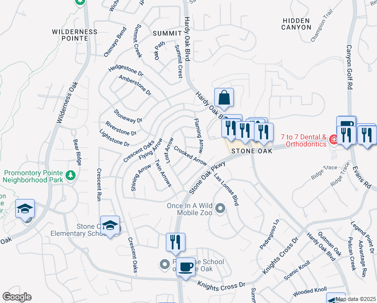 map of restaurants, bars, coffee shops, grocery stores, and more near 25031 Burnt Arrow in San Antonio