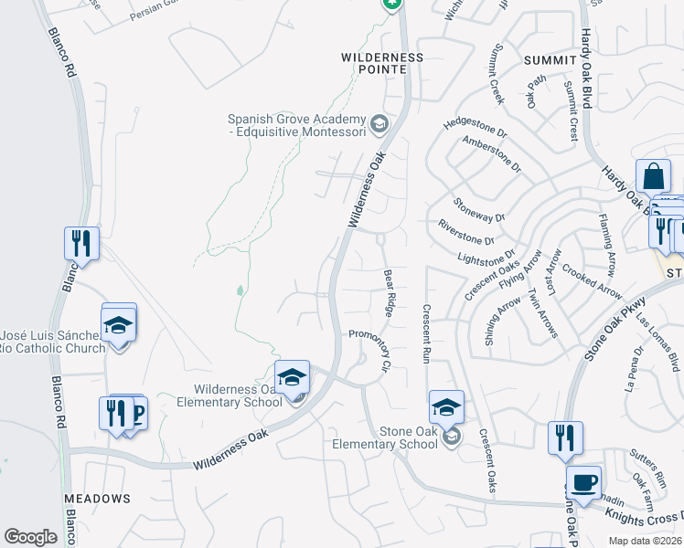map of restaurants, bars, coffee shops, grocery stores, and more near 727 Wildgrove Lane in San Antonio