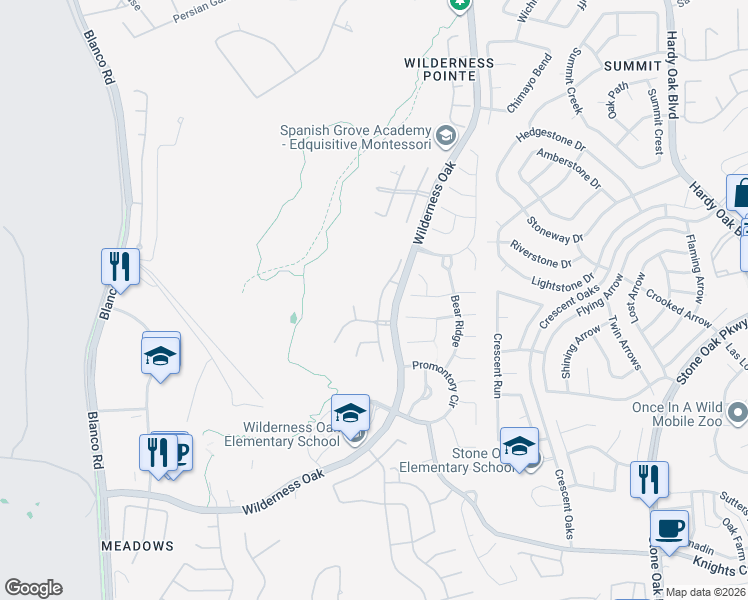 map of restaurants, bars, coffee shops, grocery stores, and more near 21503 Beaver Brk in San Antonio