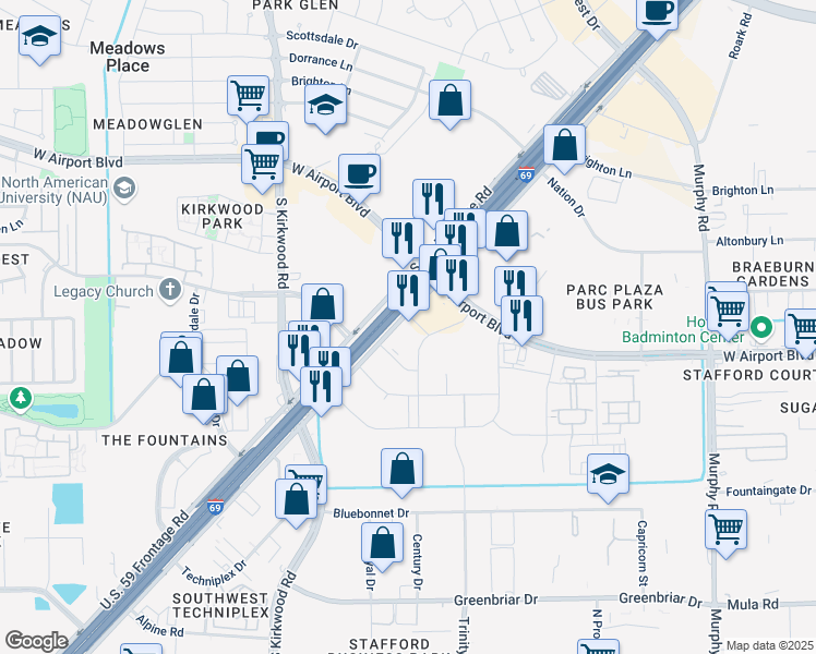 map of restaurants, bars, coffee shops, grocery stores, and more near 12223 Southwest Freeway in Houston