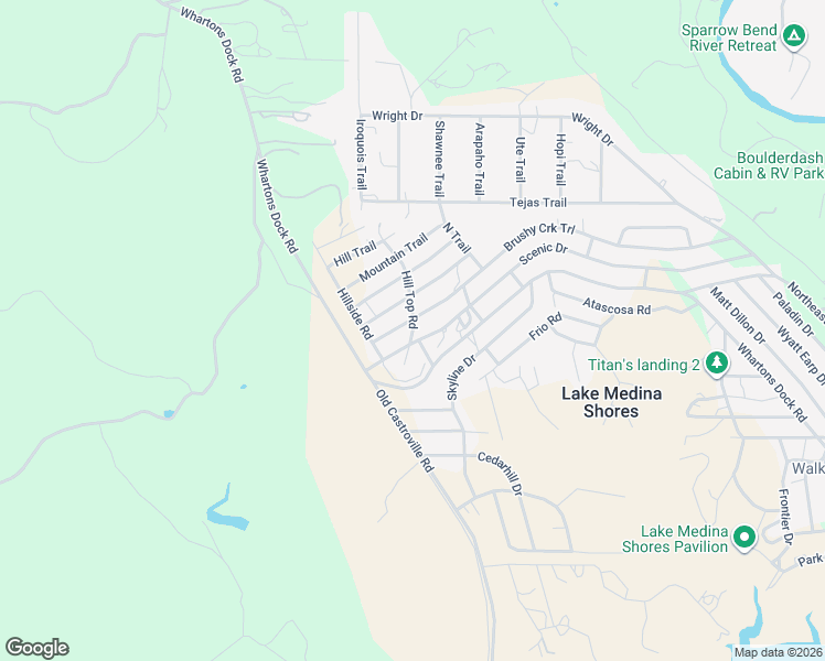 map of restaurants, bars, coffee shops, grocery stores, and more near 112 Hill Top Road in Bandera County