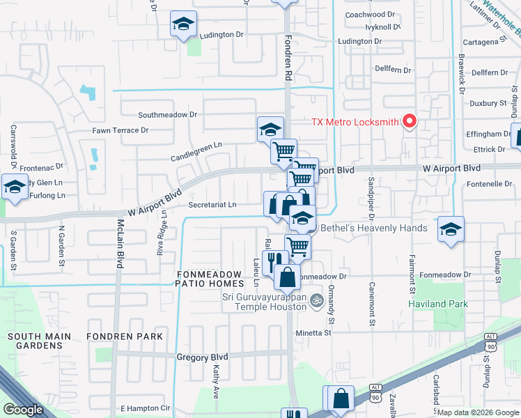 map of restaurants, bars, coffee shops, grocery stores, and more near 7606 Poitiers Drive in Houston