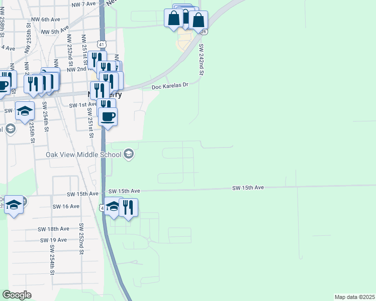 map of restaurants, bars, coffee shops, grocery stores, and more near 24301 Southwest 6th Place in Newberry