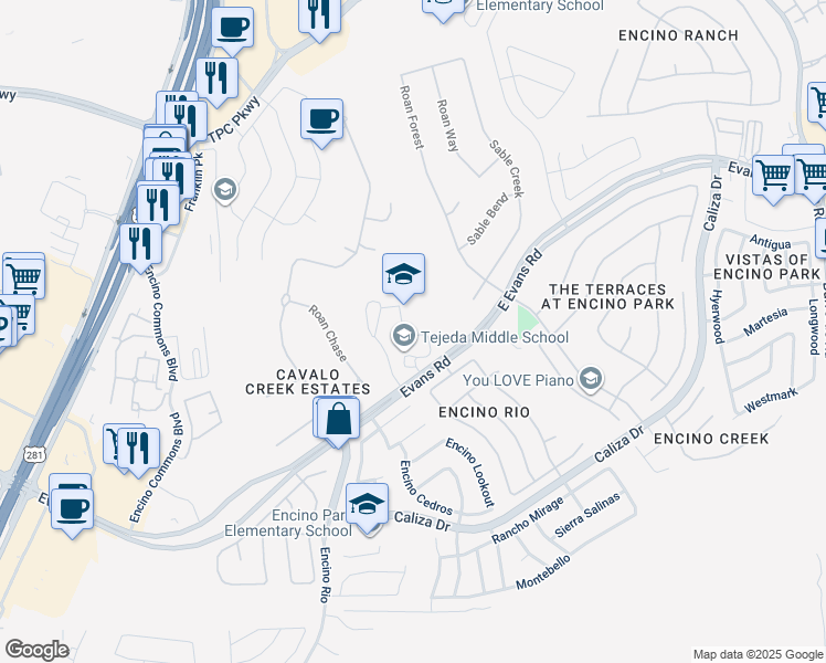 map of restaurants, bars, coffee shops, grocery stores, and more near 2909 East Evans Road in San Antonio