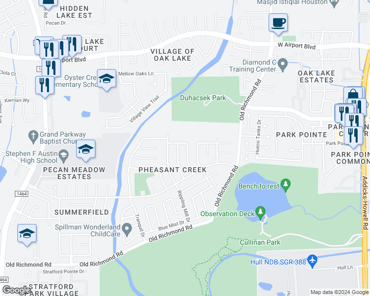 map of restaurants, bars, coffee shops, grocery stores, and more near 16710 Cobble Ridge Drive in Sugar Land