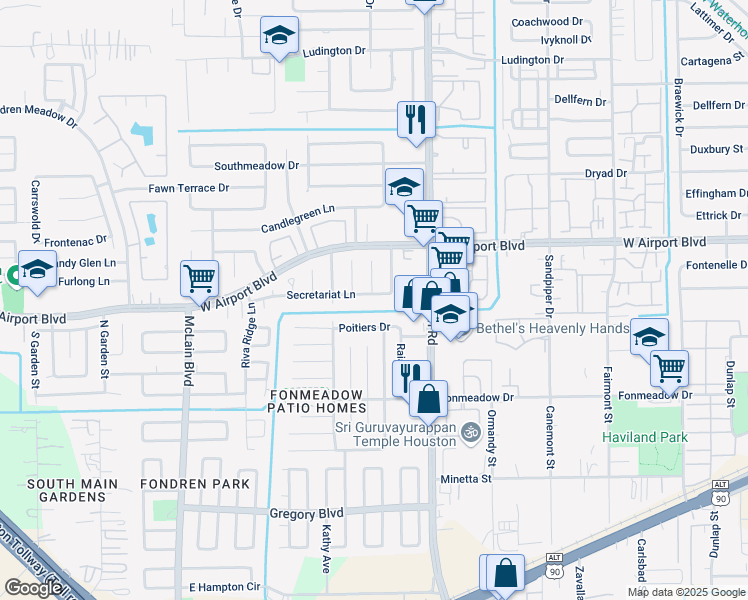 map of restaurants, bars, coffee shops, grocery stores, and more near 7714 Poitiers Drive in Houston