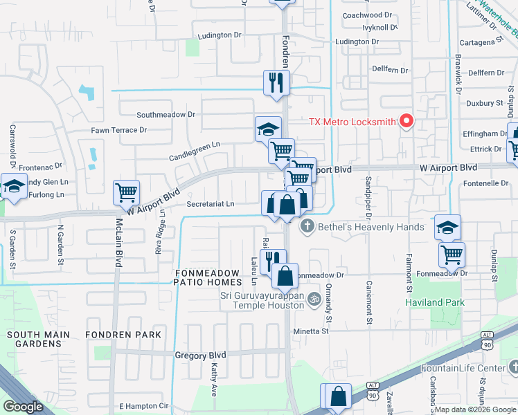 map of restaurants, bars, coffee shops, grocery stores, and more near 7606 Poitiers Drive in Houston
