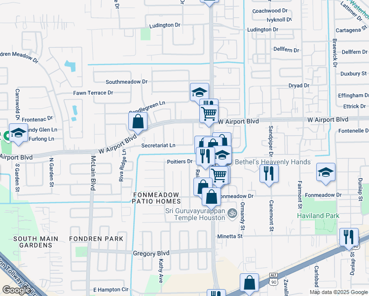 map of restaurants, bars, coffee shops, grocery stores, and more near 7714 Poitiers Drive in Houston