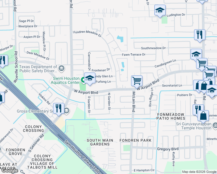 map of restaurants, bars, coffee shops, grocery stores, and more near 8110 Windy Dunes Drive in Houston