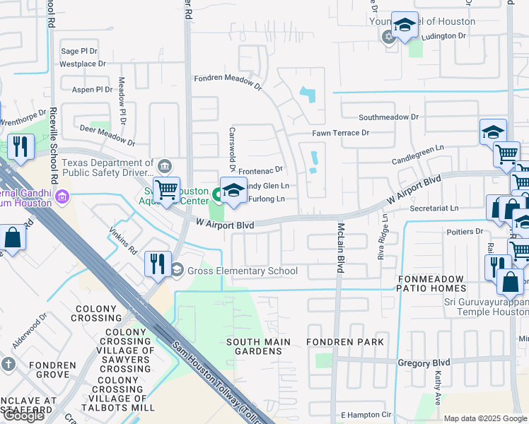 map of restaurants, bars, coffee shops, grocery stores, and more near 8110 Windy Dunes Drive in Houston