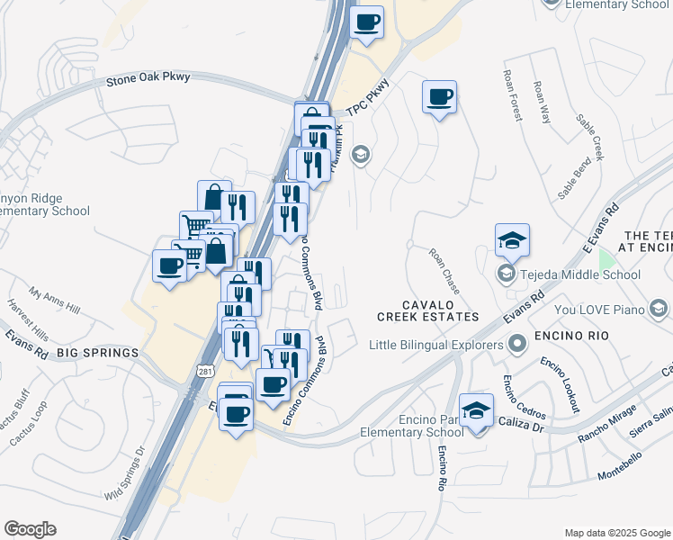 map of restaurants, bars, coffee shops, grocery stores, and more near 21302 Encino Commons in San Antonio