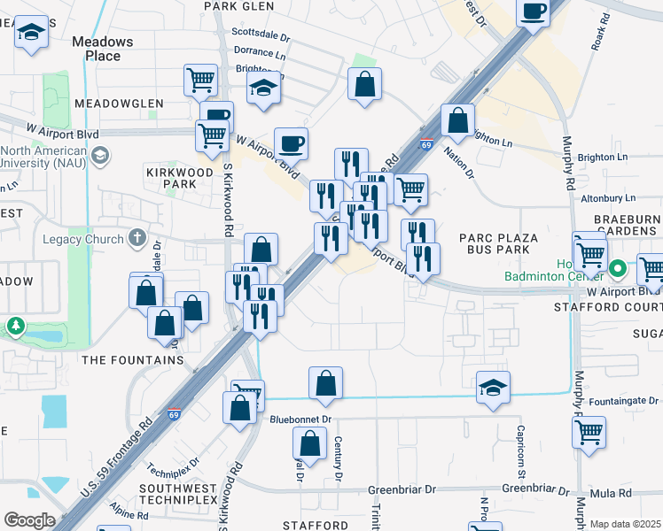 map of restaurants, bars, coffee shops, grocery stores, and more near 12223 Southwest Freeway in Houston