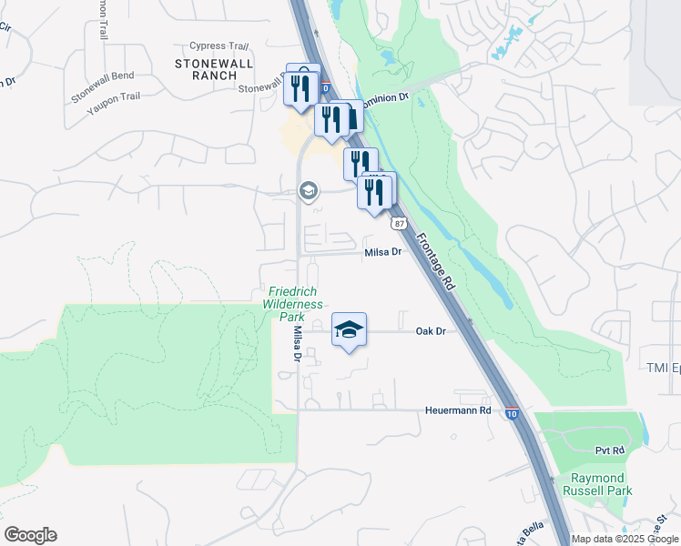 map of restaurants, bars, coffee shops, grocery stores, and more near 7025 Oak Drive in San Antonio