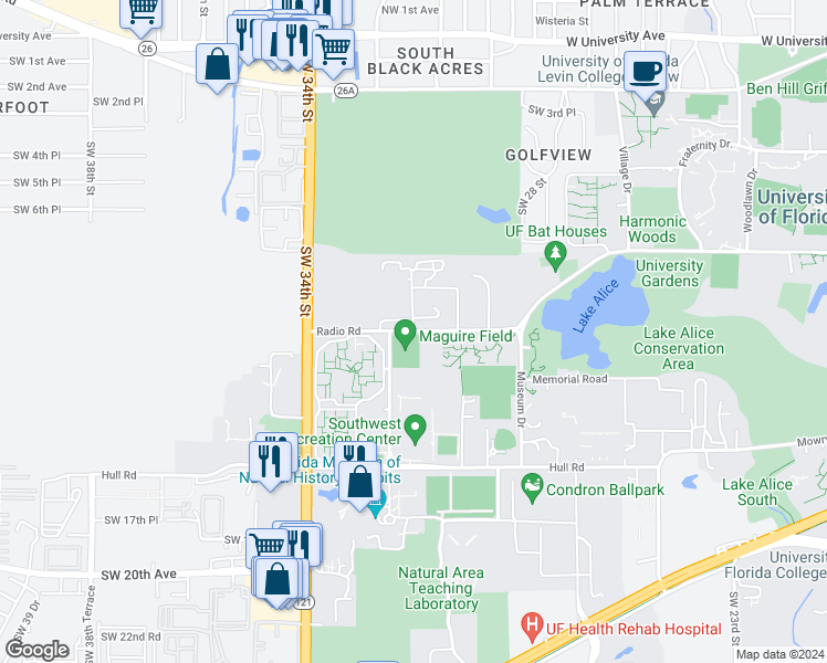map of restaurants, bars, coffee shops, grocery stores, and more near Radio Road in Gainesville