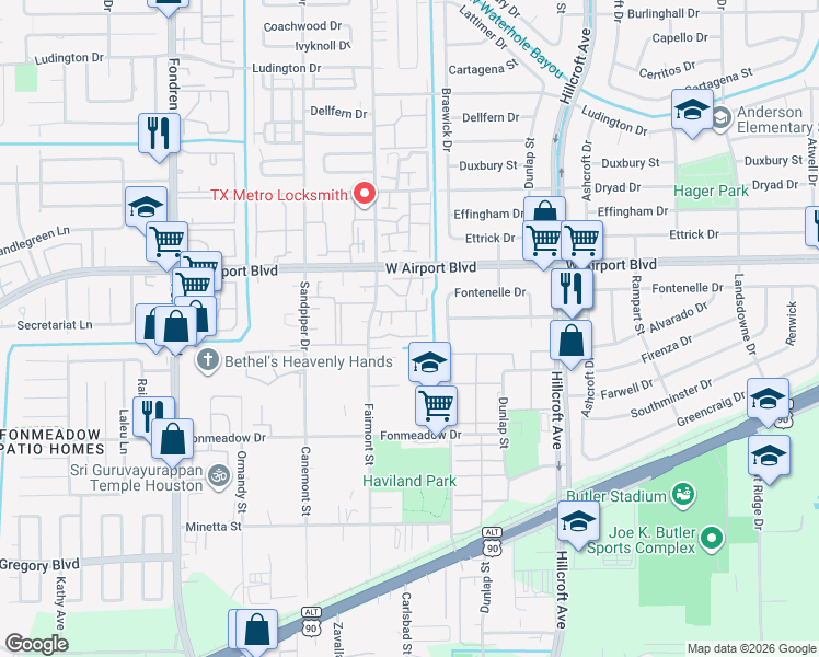 map of restaurants, bars, coffee shops, grocery stores, and more near 12345 Bob White Drive in Houston