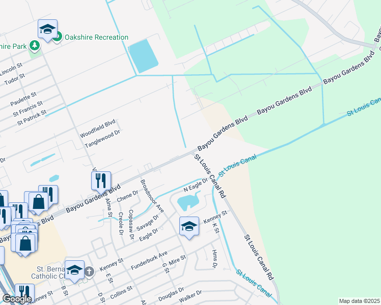 map of restaurants, bars, coffee shops, grocery stores, and more near 898 Bayou Gardens Boulevard in Houma