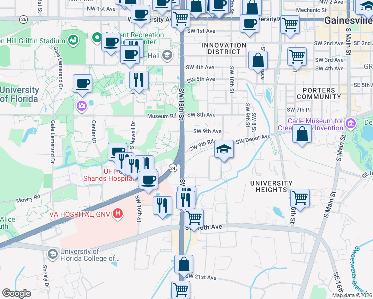 map of restaurants, bars, coffee shops, grocery stores, and more near 929 Southwest 13th Street in Gainesville
