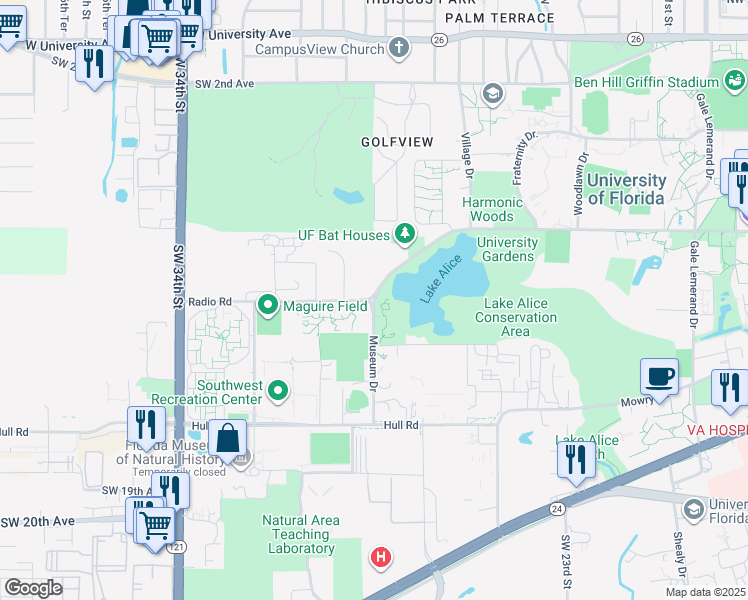 map of restaurants, bars, coffee shops, grocery stores, and more near 1515 Museum Rd in Gainesville
